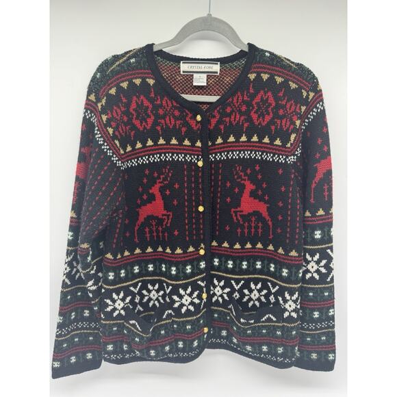 Woman’s 90’s VTG Crystal Kobe Christmas Cardigan Sweater Size S Reindeer - Picture 1 of 7